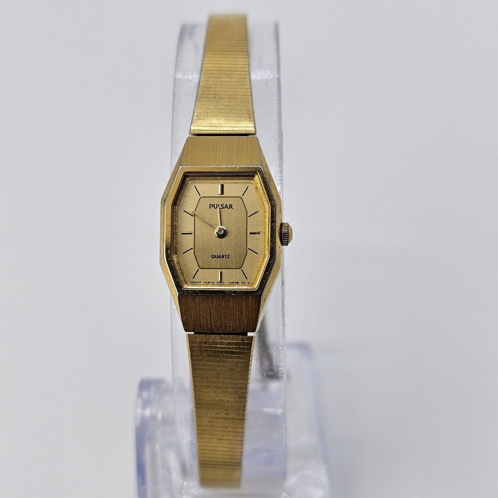 VTG Women's Pulsar Seiko‎ Watch 15MM Gold Dial Gold Bracelet 6.75" New Battery